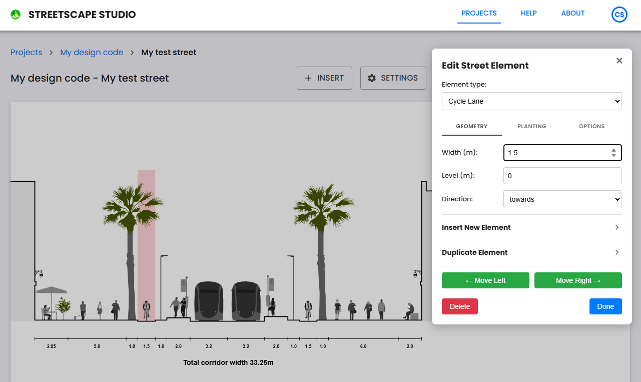 Screenshot of a large cross section design with trams, trees and people